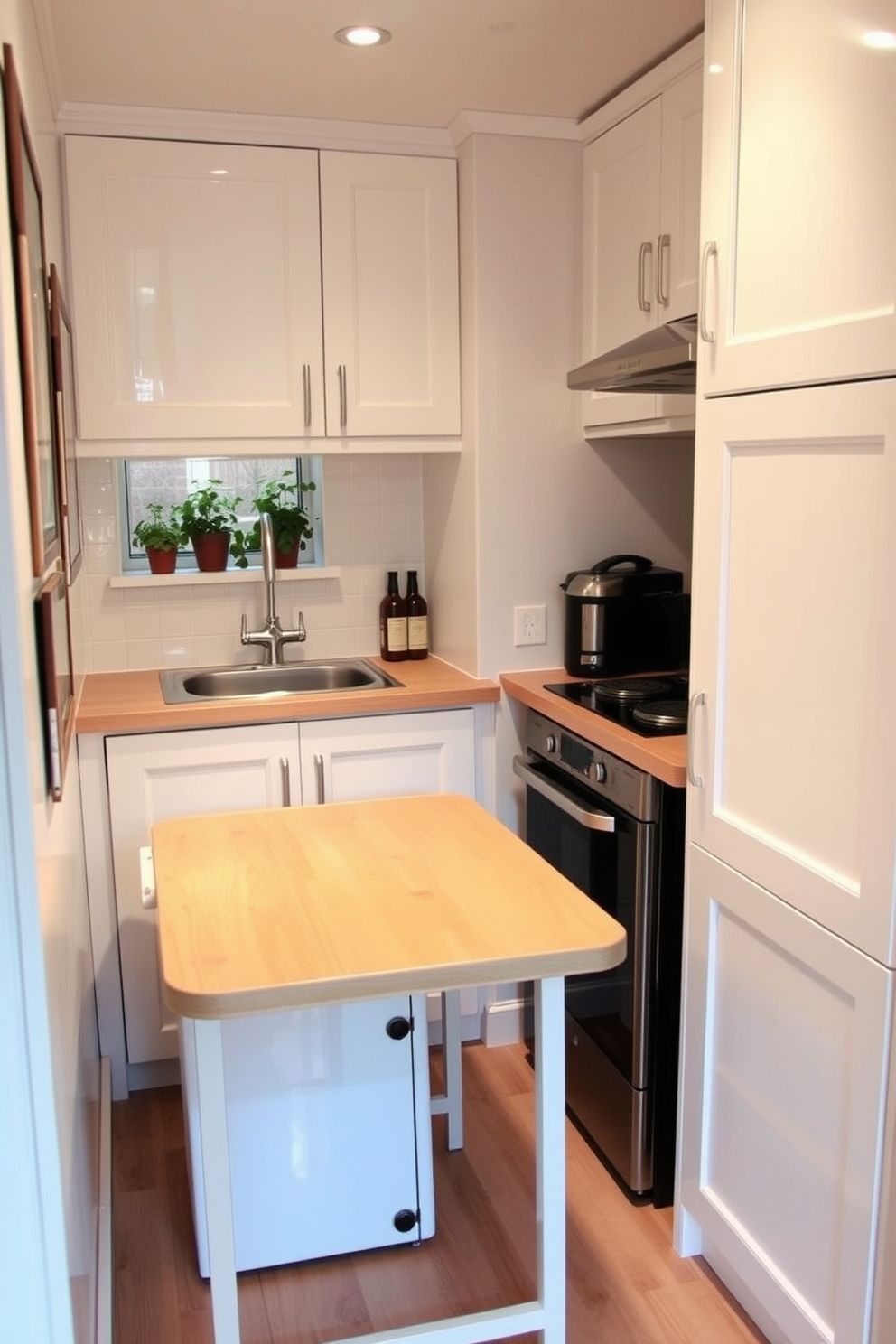 A cozy small kitchen features a fold-down table that can be tucked away when not in use, providing additional space for movement. The cabinetry is painted in a soft white, complementing the light wood flooring and creating an airy atmosphere. The kitchen is equipped with modern appliances, including a compact refrigerator and a sleek stove, all seamlessly integrated into the design. A decorative backsplash in a subtle tile pattern adds a touch of elegance, while potted herbs on the windowsill bring a hint of greenery.