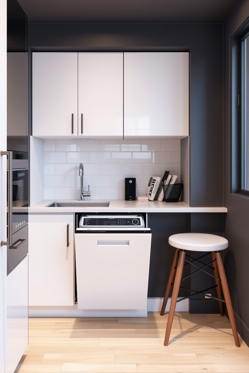 A small kitchen featuring a compact dishwasher seamlessly integrated into the cabinetry. The design includes sleek white cabinets, a quartz countertop, and a cozy breakfast nook with two stools.