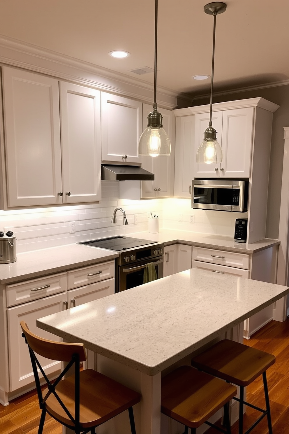 A cozy kitchen space featuring sleek cabinetry with under-cabinet lighting that creates a warm ambiance. The countertops are a light quartz with subtle veining, and a small island provides additional prep space with bar stools for casual dining. The backsplash is a mosaic of soft pastel tiles that complement the cabinetry. A compact dining nook with a round table and two chairs is nestled by a window, enhancing the inviting atmosphere.