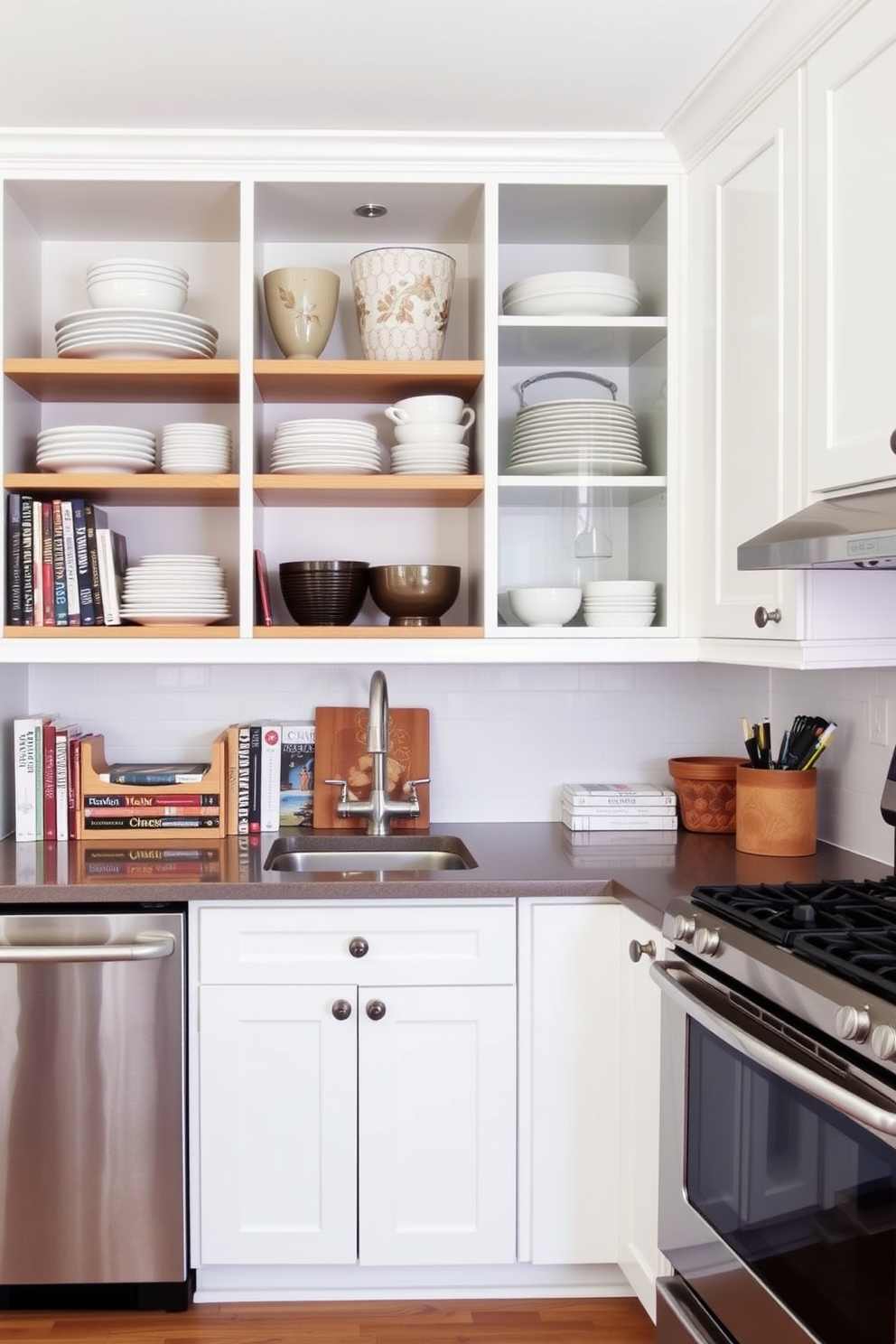 A small kitchen design featuring open shelving that showcases beautifully arranged dishware and cookbooks. The cabinetry is painted in a soft white hue, creating an airy and inviting atmosphere.