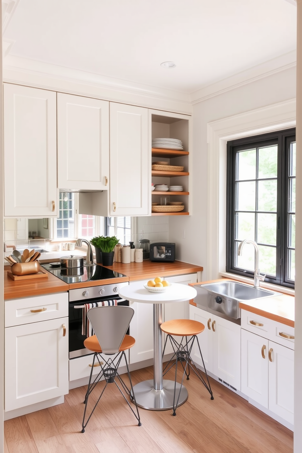 A cozy small kitchen design featuring light-colored cabinetry and open shelving. A large window allows natural light to flood the space, enhancing the warmth of the wooden countertops. Incorporate a mirrored backsplash to reflect light and create the illusion of more space. Add a small dining table with stylish chairs to maximize functionality without sacrificing aesthetics.