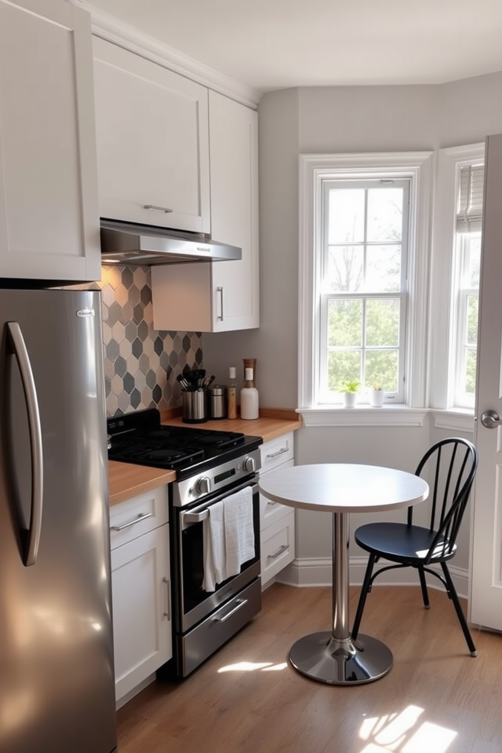 A small kitchen design featuring a pull-out pantry for convenience. The cabinetry is painted in a soft white, complemented by sleek stainless steel appliances and a marble backsplash. The countertops are a light gray quartz, providing ample workspace for meal preparation. A cozy breakfast nook with a round wooden table and upholstered chairs is positioned near a window, allowing natural light to fill the space.