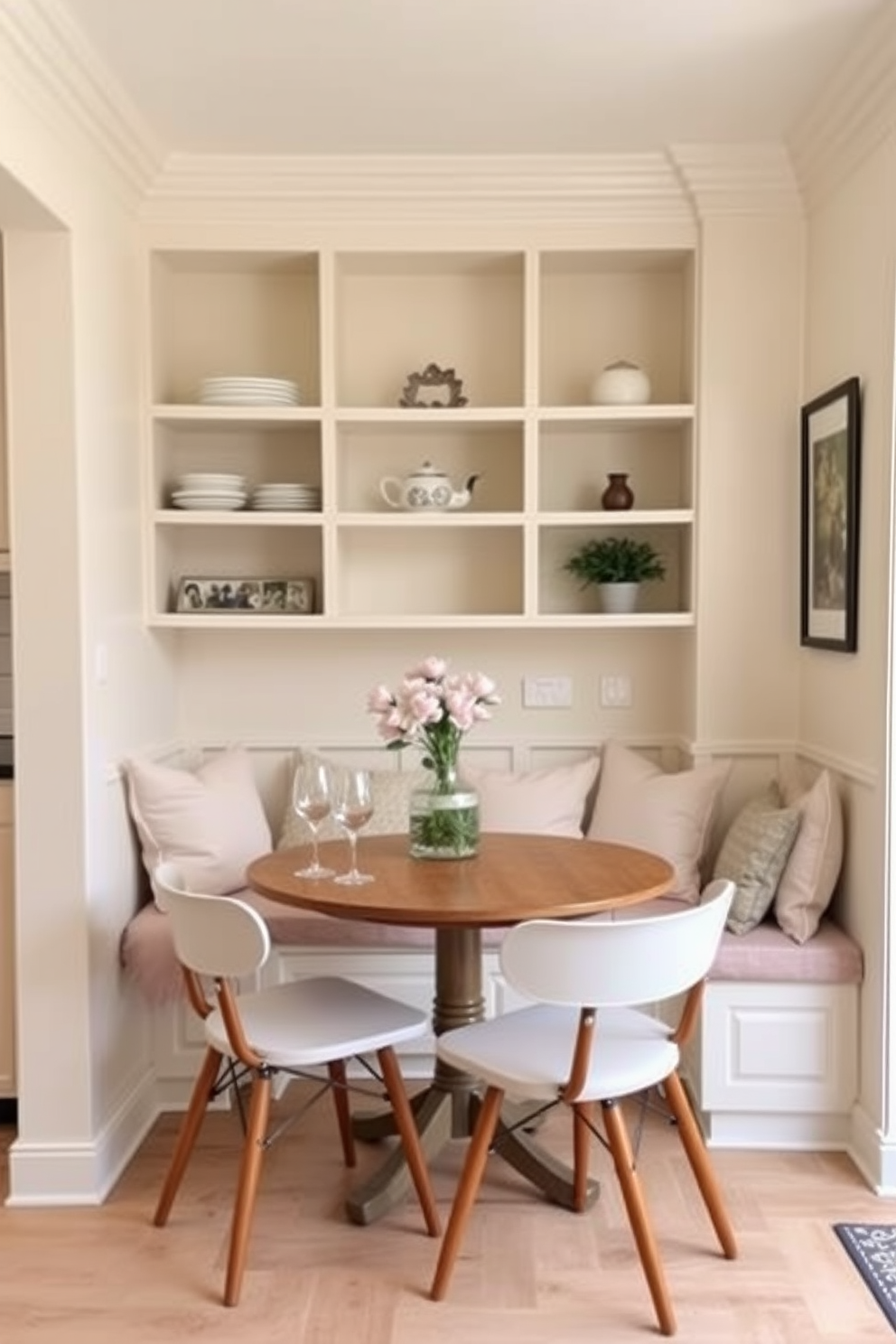 Open shelving creates a functional and stylish storage solution in a small kitchen dining room. The shelves are filled with neatly arranged dishes, glassware, and decorative items, enhancing the room's aesthetic while providing easy access to essentials. A cozy dining table is positioned against the wall, surrounded by comfortable chairs that invite gatherings. The space is illuminated by pendant lighting above the table, creating an inviting atmosphere for meals and conversations.