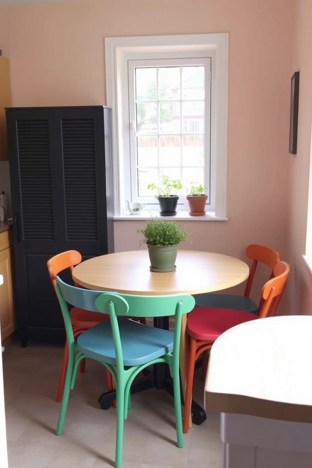 A cozy breakfast nook is nestled in a small kitchen, featuring a round wooden table surrounded by plush cushions in soft pastel colors. Sunlight streams through a nearby window, illuminating the space and highlighting the charming wall decor that adds a touch of warmth and personality.