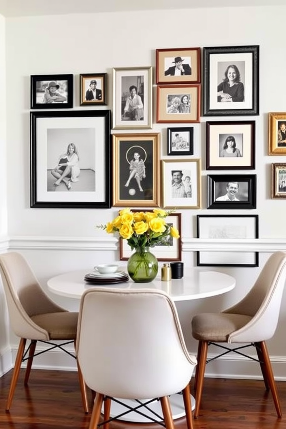 Create a gallery wall that showcases a mix of framed artwork and personal photographs. Incorporate a variety of frame styles and colors to add depth and character to the space. Design a small kitchen dining room that maximizes functionality and style. Use a round table to save space and complement it with stylish chairs that enhance the overall aesthetic.