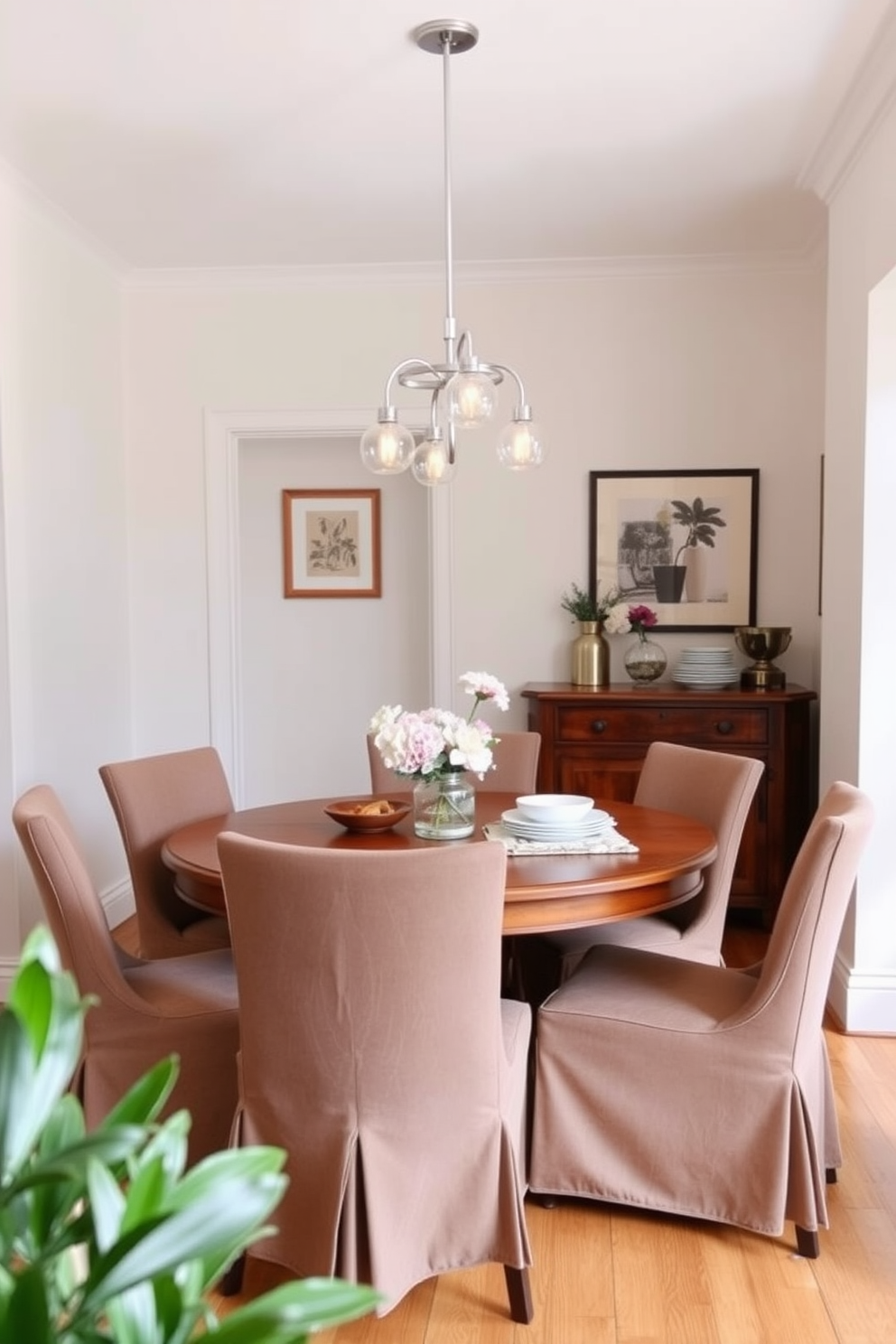 A cozy kitchen dining room featuring a round wooden table surrounded by upholstered chairs. Soft pendant lights hang from the ceiling, casting a warm glow over the space. The walls are painted in a light, airy color, creating an inviting atmosphere. A small sideboard is positioned against one wall, adorned with decorative items and fresh flowers.