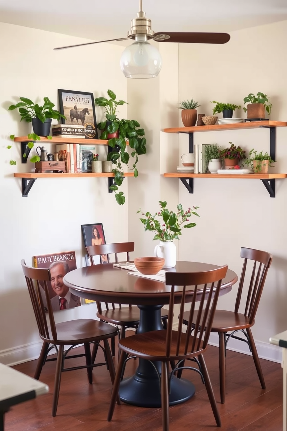 A cozy kitchen dining area featuring a small island for prep space. The island is topped with a light-colored quartz surface and surrounded by stylish bar stools. The walls are painted in a soft cream hue, complemented by warm wood cabinetry. A round dining table with elegant chairs sits adjacent to the island, creating an inviting atmosphere for meals.