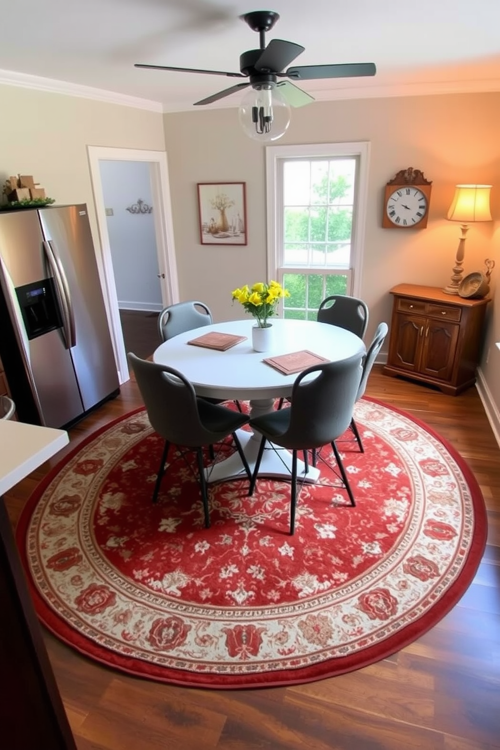 A cozy small kitchen dining room features a round rug that anchors the space, creating a warm and inviting atmosphere. The dining table, surrounded by stylish chairs, is positioned centrally on the rug, enhancing the room's functionality and aesthetic appeal.