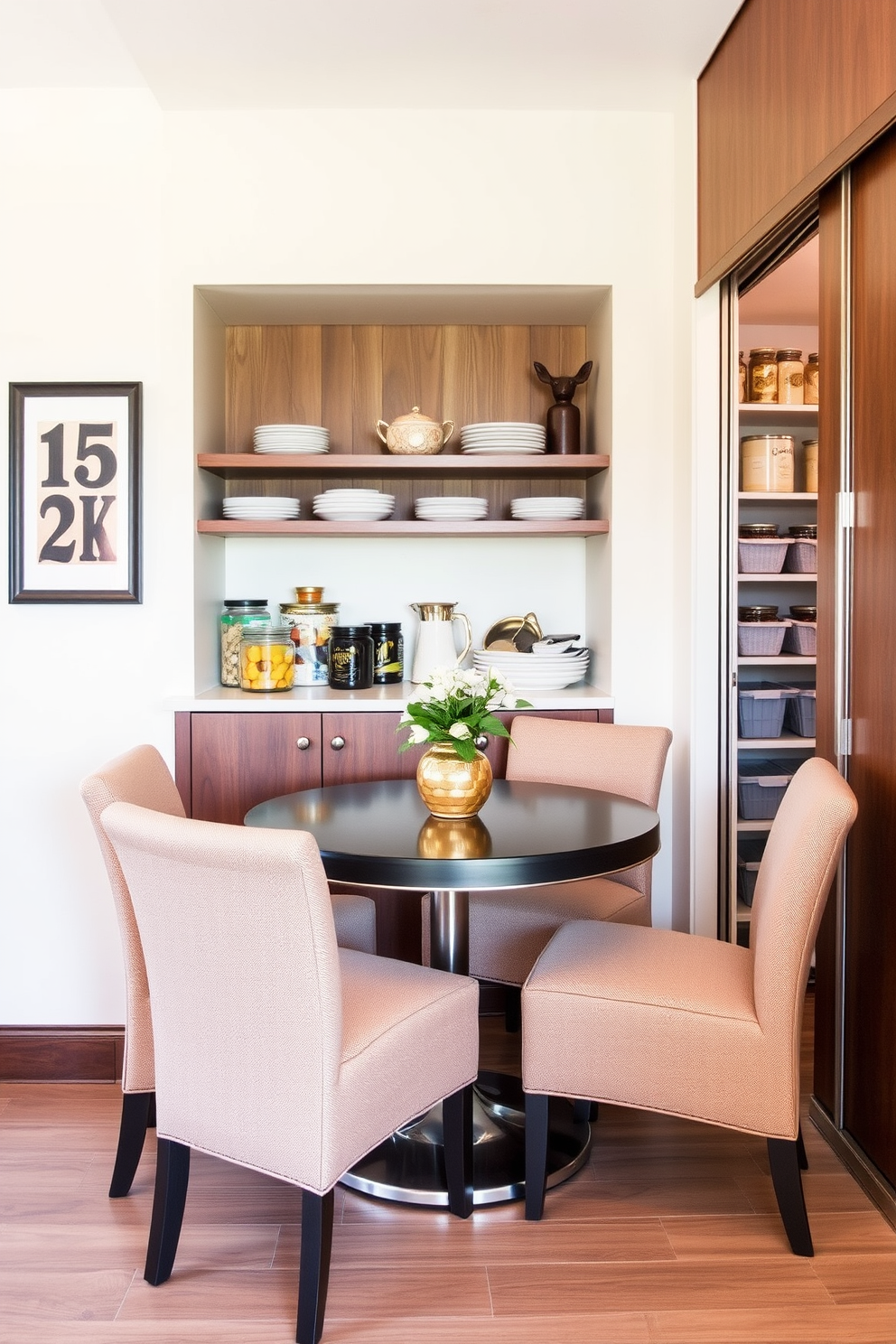 A cozy small kitchen dining area featuring a compact table with four upholstered chairs. The walls are painted in a soft cream color, and open shelving displays neatly arranged dishware and decorative items. A small pantry is cleverly integrated into the design, utilizing a corner space with sliding doors. The pantry is filled with organized storage bins and jars, enhancing both functionality and aesthetics.