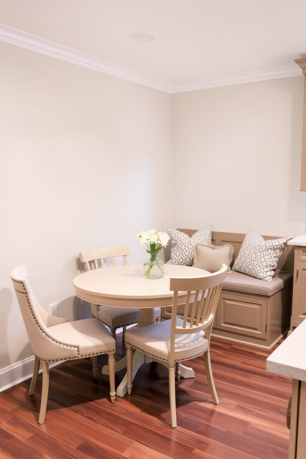 A cozy kitchen dining room with a small round table surrounded by four upholstered chairs in a soft pastel color. In one corner, a stylish bench with hidden storage is placed against the wall, adorned with decorative cushions for added comfort.