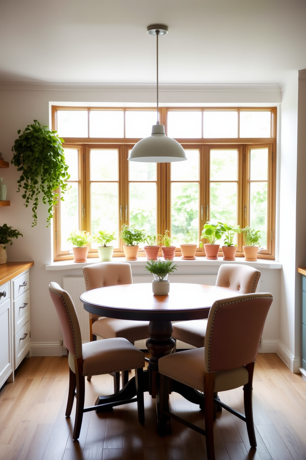 A small kitchen dining room features a round wooden table surrounded by upholstered chairs in a soft fabric. The walls are painted in a warm cream color, complemented by open shelving displaying colorful dishware and rustic wooden accents. The flooring combines polished concrete with a cozy woven rug underneath the table. Natural light floods the space through a large window adorned with sheer curtains, creating an inviting atmosphere for meals and gatherings.