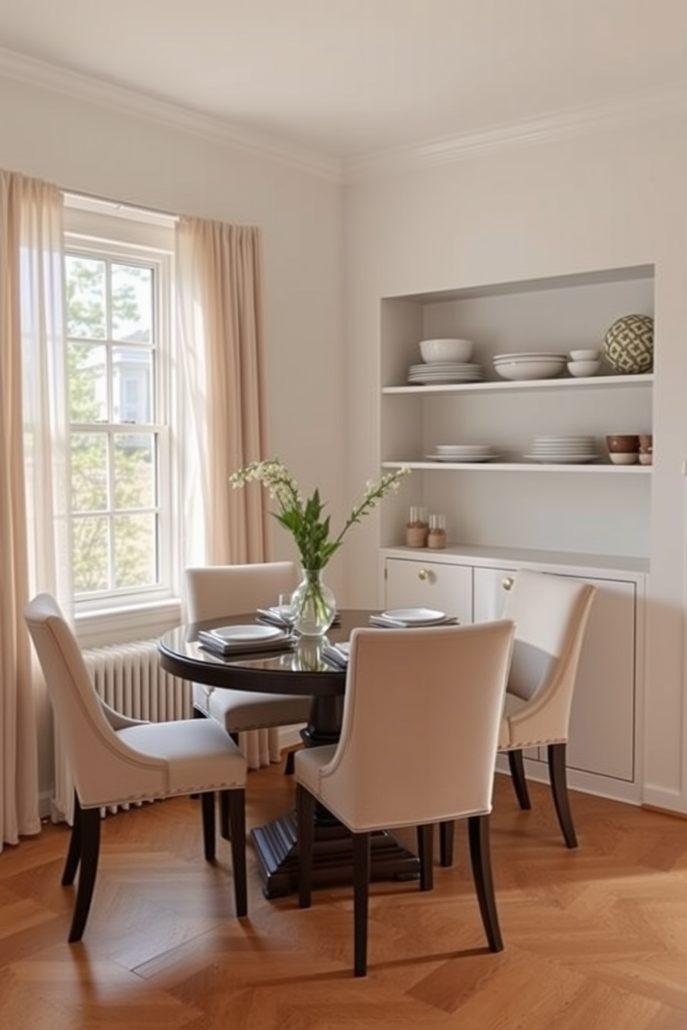 A cozy small kitchen dining room features a round table that maximizes space efficiency. Surrounding the table are four upholstered chairs in a soft fabric, creating a welcoming atmosphere. Natural light floods the room through a large window adorned with sheer curtains. The walls are painted in a light, airy color, complemented by open shelving displaying stylish dishware.