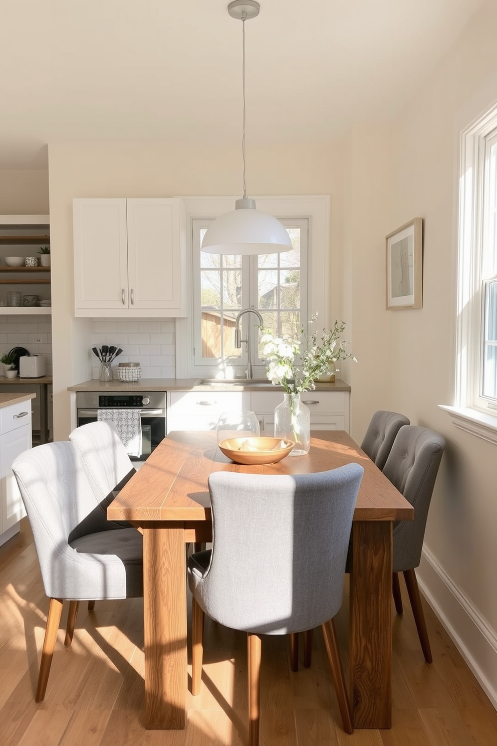 A cozy small kitchen dining room featuring a harmonious color palette of soft whites and warm wood tones. The dining table, crafted from reclaimed wood, is surrounded by upholstered chairs in a muted gray fabric, creating an inviting atmosphere. The walls are painted in a light cream shade, enhancing the natural light that floods the space. A stylish pendant light hangs above the table, adding a touch of elegance while complementing the overall design.