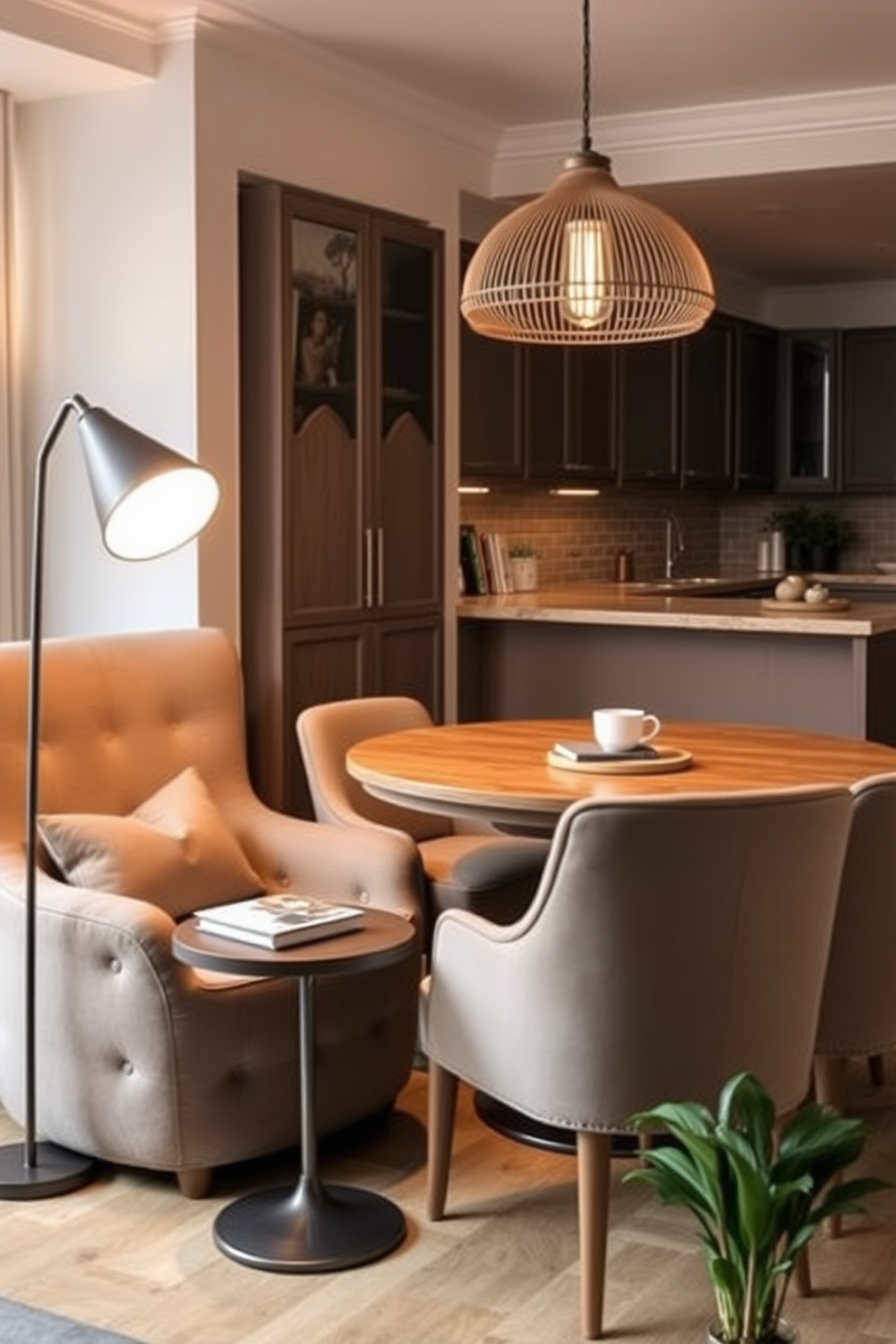 A cozy small kitchen dining room features a round wooden table surrounded by upholstered chairs in soft pastel colors. Lush green plants are placed on the windowsill and in the corners, adding a fresh touch to the space. The walls are painted in a light, airy hue, enhancing the natural light that floods in through the large window. A stylish pendant light hangs above the table, creating an inviting atmosphere for meals and gatherings.