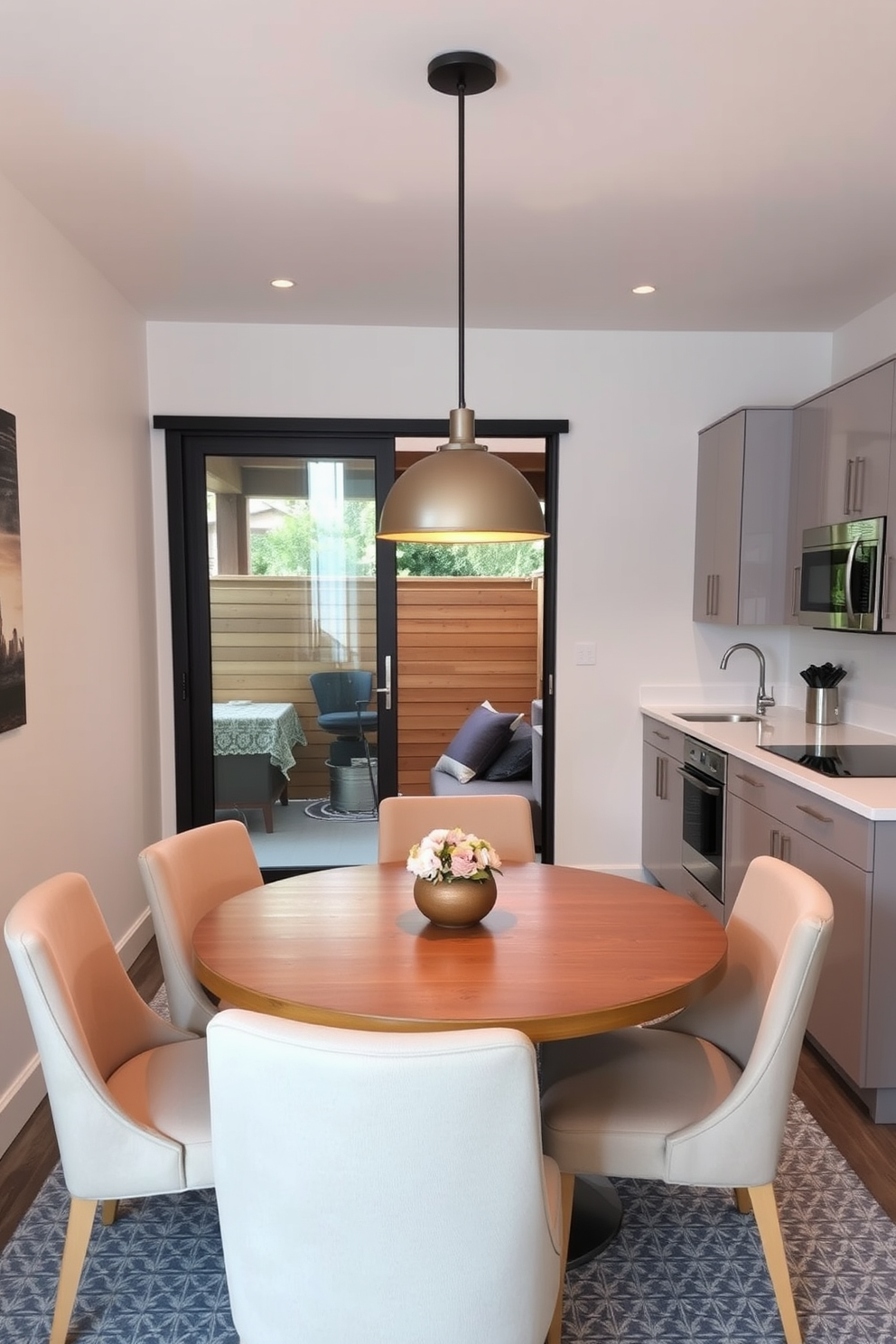 A small kitchen dining room featuring a sliding door that opens to a cozy outdoor patio. The dining area includes a round wooden table surrounded by upholstered chairs in a soft pastel color. The kitchen has sleek cabinetry with a minimalist design, complemented by stainless steel appliances. A stylish pendant light hangs above the table, providing warm illumination and enhancing the inviting atmosphere.