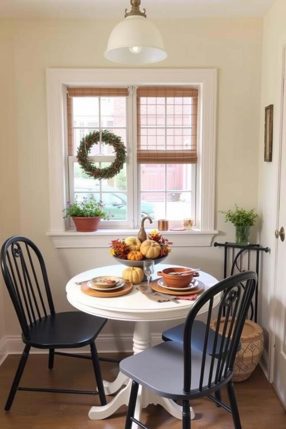 Create a cozy small kitchen dining room that showcases seasonal table settings. The table is adorned with a vibrant autumn-themed centerpiece featuring pumpkins and fall foliage, complemented by warm-toned dishes and rustic tableware. Incorporate a charming bistro-style table with two chairs, surrounded by soft, ambient lighting from a pendant fixture above. The walls are painted in a light cream color, and a small herb garden sits on the windowsill, adding a touch of greenery and freshness to the space.