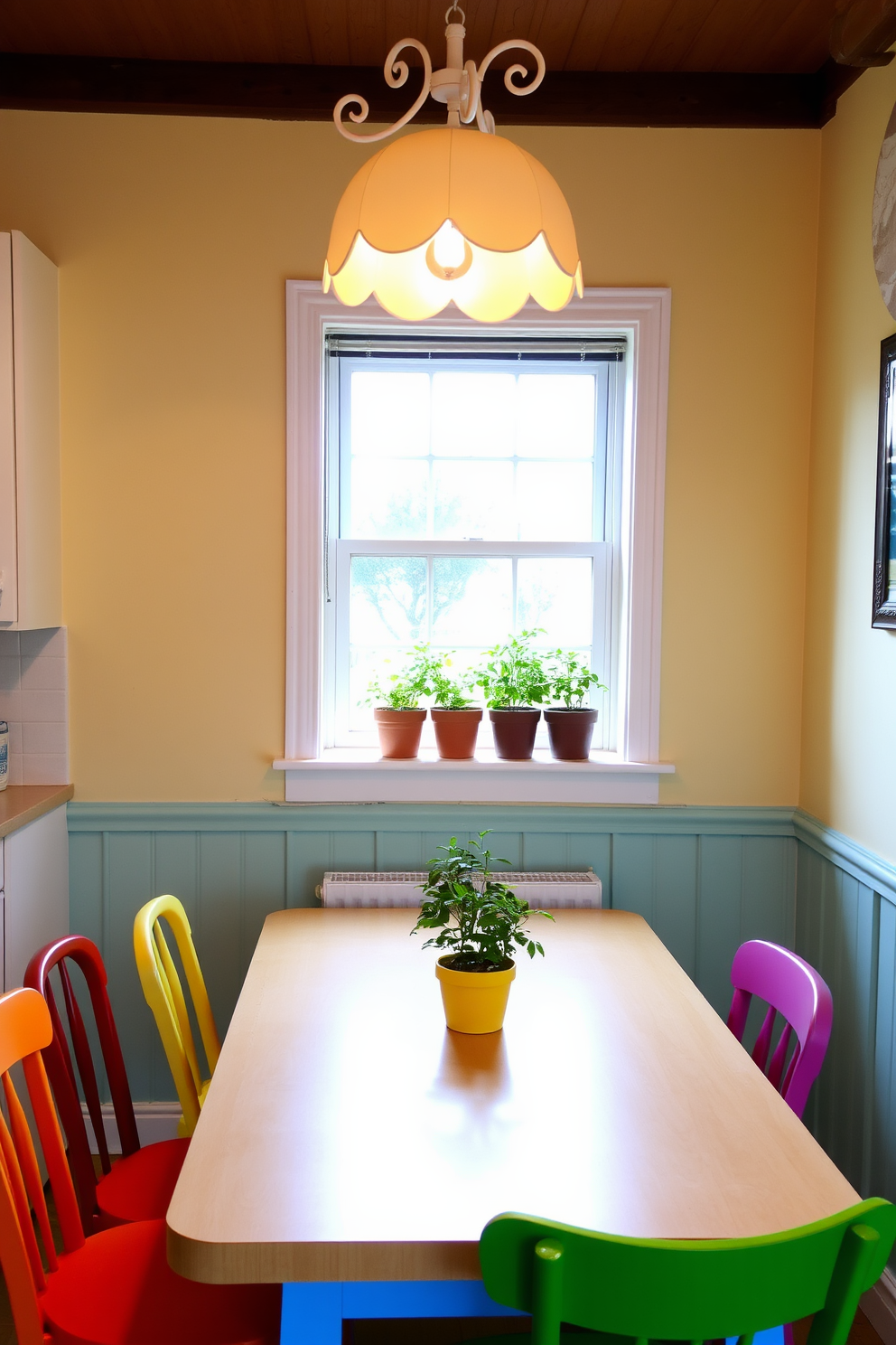 A whimsical light fixture hangs from the ceiling, casting a warm glow over a cozy dining table. The table is surrounded by mismatched chairs in vibrant colors, creating an inviting atmosphere for casual meals. The walls are painted in a soft pastel hue, enhancing the cheerful vibe of the space. A small potted herb garden sits on the windowsill, adding a touch of greenery and freshness to the kitchen dining area.