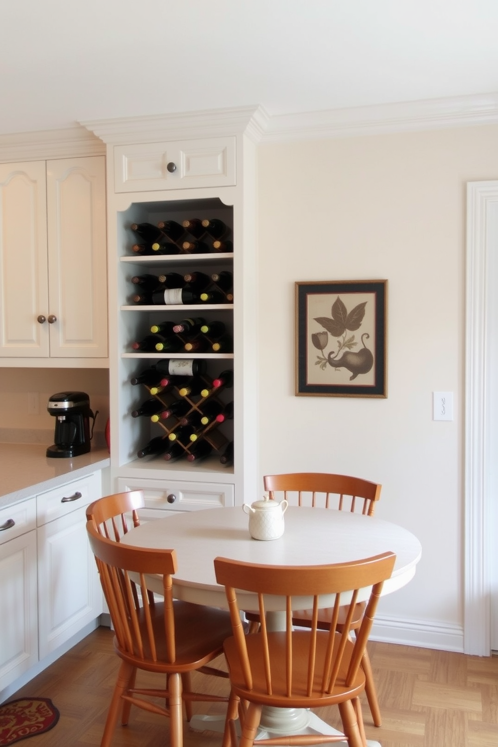 A cozy small kitchen dining room featuring a stylish wine rack built into the cabinetry. The dining table is round with wooden chairs, and the walls are painted in a light pastel color to create an inviting atmosphere.