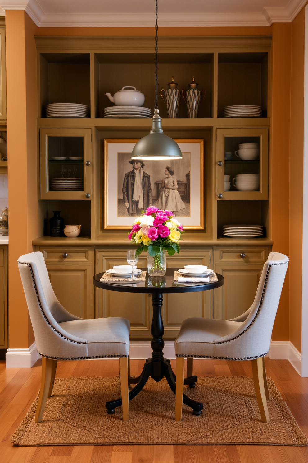 Create a cozy corner with an assortment of colorful cushions in various textures and patterns. A small round wooden table sits in the center, surrounded by sleek, modern chairs that invite relaxation and conversation. In the small kitchen dining room, the walls are painted in a soft pastel hue to enhance the warmth of the space. A hanging pendant light illuminates the table, creating an inviting atmosphere for meals and gatherings.