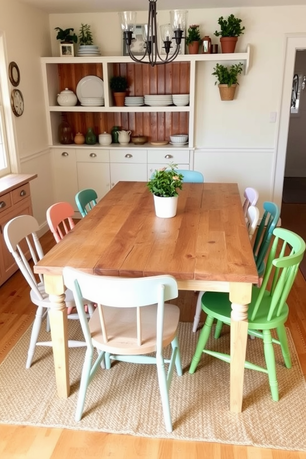 A cozy kitchen dining room features a rustic farmhouse table made of reclaimed wood with a natural finish. Surrounding the table are mismatched chairs in soft pastel colors, adding charm and character to the space. The walls are painted in a warm cream tone, complemented by open shelving showcasing vintage dishware and potted herbs. A woven jute rug lies beneath the table, enhancing the inviting atmosphere of the room.