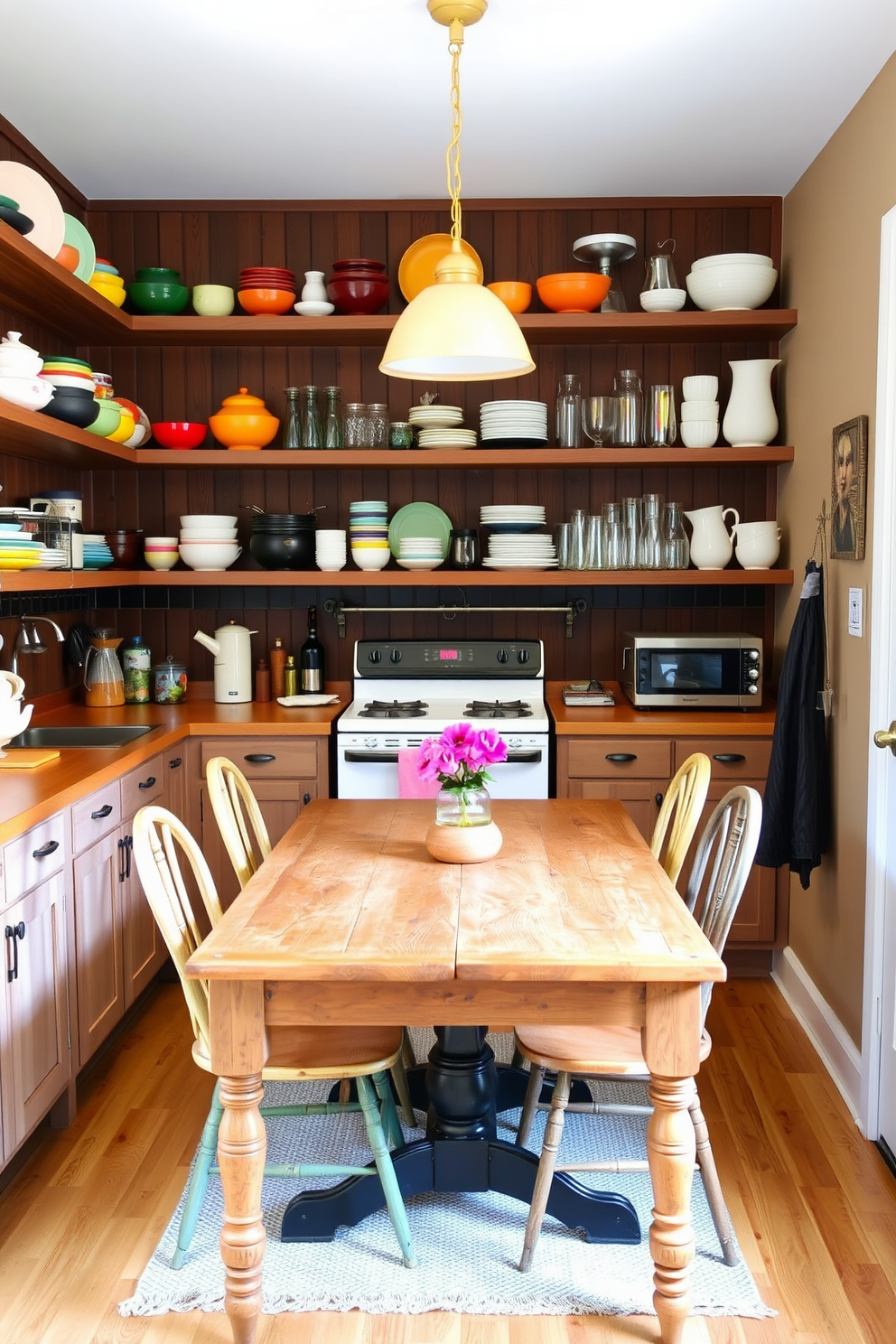 Open shelving lines the walls of a cozy small kitchen, showcasing an array of colorful dishes and glassware for easy access. A rustic wooden dining table sits in the center, surrounded by mismatched chairs that add charm and personality to the space.