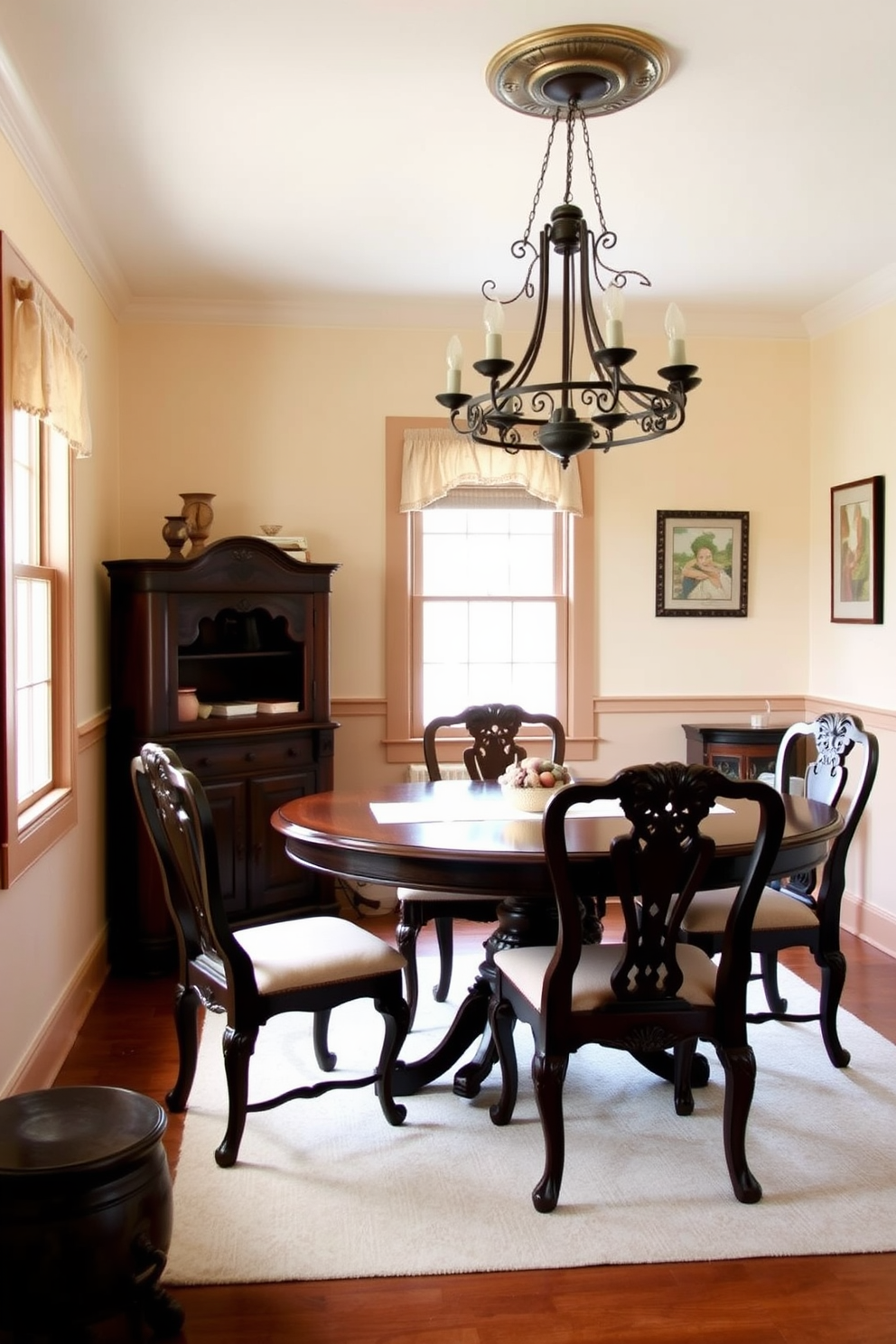 A charming small kitchen dining room features a vintage dining set made of dark wood with intricate carvings. Surrounding the table are upholstered chairs in a soft pastel fabric, creating a cozy and inviting atmosphere. The walls are painted in a warm cream tone, complementing the natural light streaming through the window. A rustic chandelier hangs above the table, adding a touch of elegance to the space.