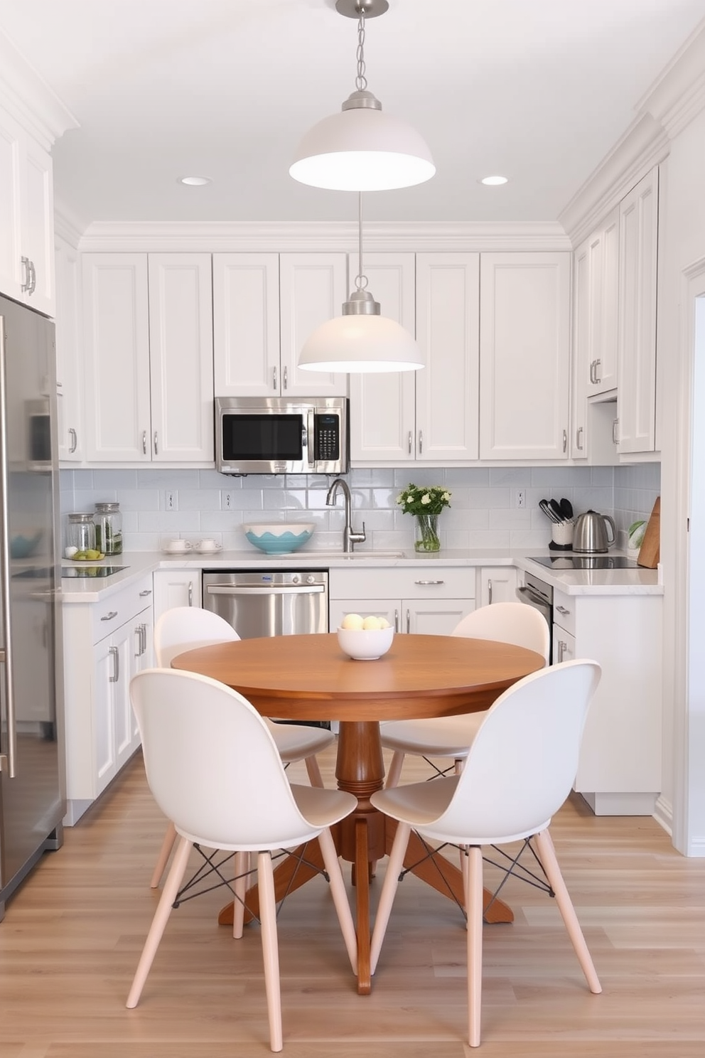 A bright and airy small kitchen dining room featuring light-colored cabinetry and a white marble countertop. A round wooden dining table is set in the center, surrounded by soft pastel chairs that complement the light color scheme.