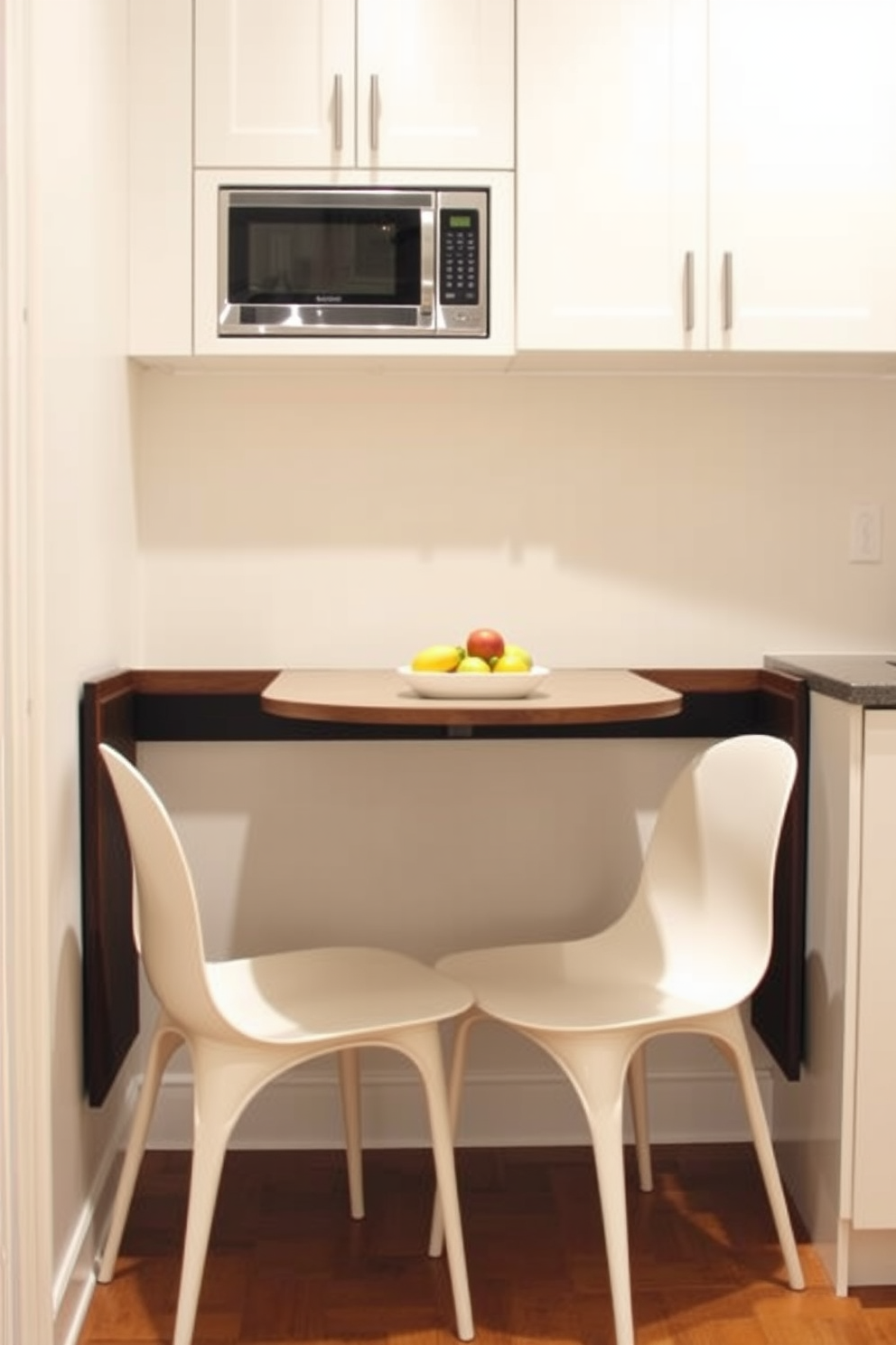 A cozy kitchen dining area featuring a small round table surrounded by four upholstered chairs. In one corner, a stylish wooden bench is placed against the wall, adorned with colorful cushions for extra seating. The walls are painted in a soft pastel hue, complemented by open shelving displaying elegant dishware. A pendant light hangs above the table, casting a warm glow over the space, while a patterned rug adds texture underfoot.