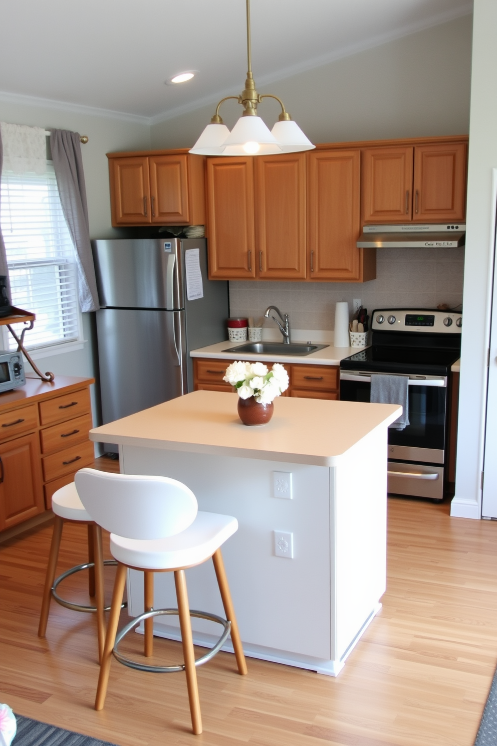 A cozy kitchen dining room features a small island at the center, providing additional prep space and a casual dining area. The island is topped with a light-colored countertop, complemented by stylish bar stools that invite family and friends to gather. Surrounding the island, the kitchen showcases warm wood cabinetry and modern appliances, creating a harmonious blend of functionality and style. A charming dining table sits nearby, adorned with a simple centerpiece, enhancing the inviting atmosphere of the space.