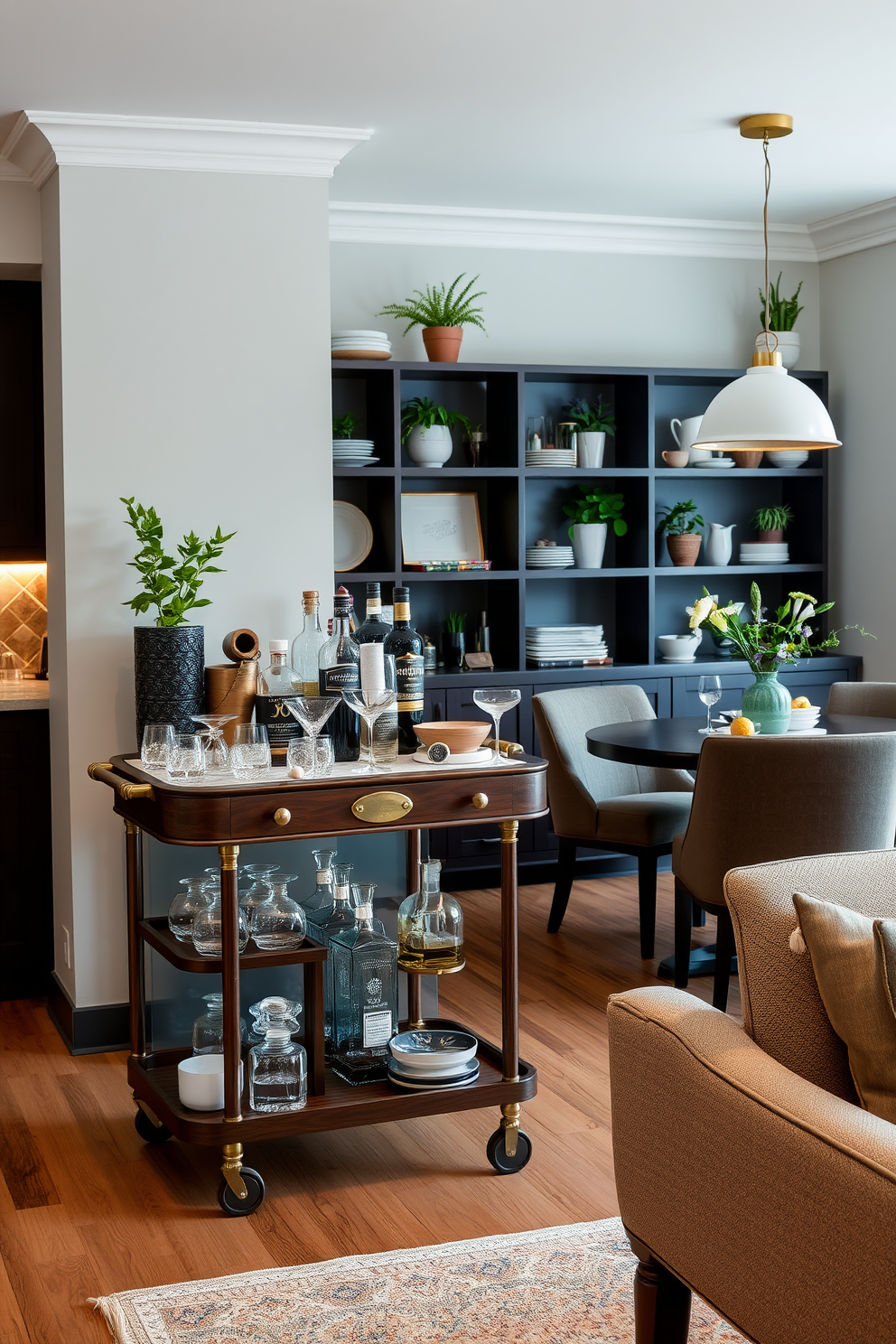 A cozy kitchen dining room featuring a stylish bar cart made of dark wood with brass accents, adorned with an array of glassware and a selection of spirits. The dining area includes a round table with upholstered chairs, surrounded by warm pendant lighting and a backdrop of open shelving displaying curated dishware and plants.