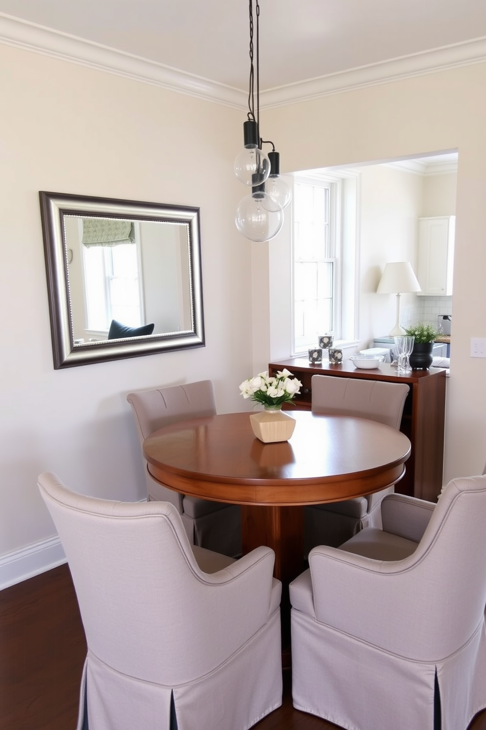 A small kitchen dining room features a round wooden table surrounded by upholstered chairs. A large mirror is mounted on the wall opposite the window to enhance the sense of space and light. The walls are painted in a soft pastel color, creating a warm and inviting atmosphere. Pendant lights hang above the table, providing a cozy ambiance for dining.