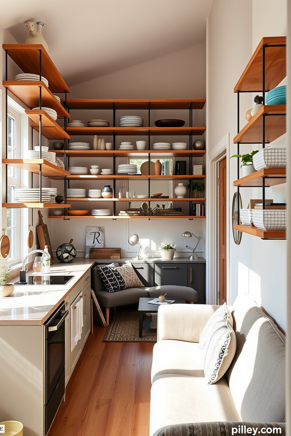 Open shelving creates an airy and spacious atmosphere in a small kitchen. The shelves are filled with neatly arranged dishes and decorative items, enhancing the room's functionality and style. In the living room, a cozy seating area is defined by a plush sofa and a stylish coffee table. Natural light floods the space through large windows, highlighting the warm color palette and inviting decor.