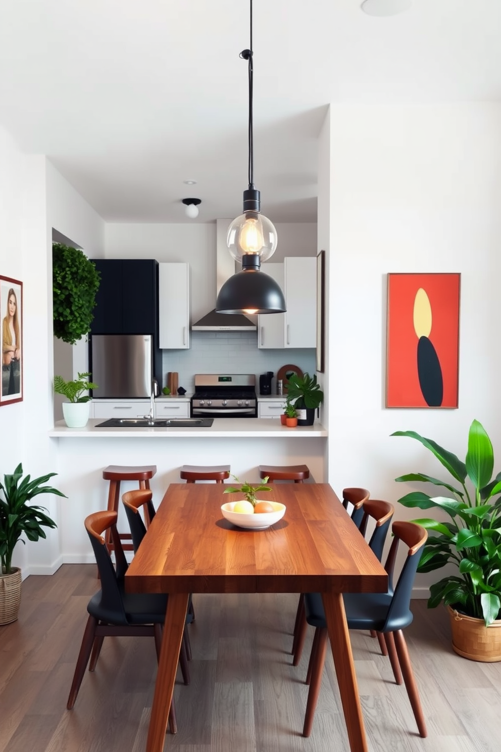 A cozy small kitchen living room design featuring stylish pendant lights hanging over a wooden dining table. The walls are painted in soft white, and the space is accented with vibrant green plants and modern artwork.