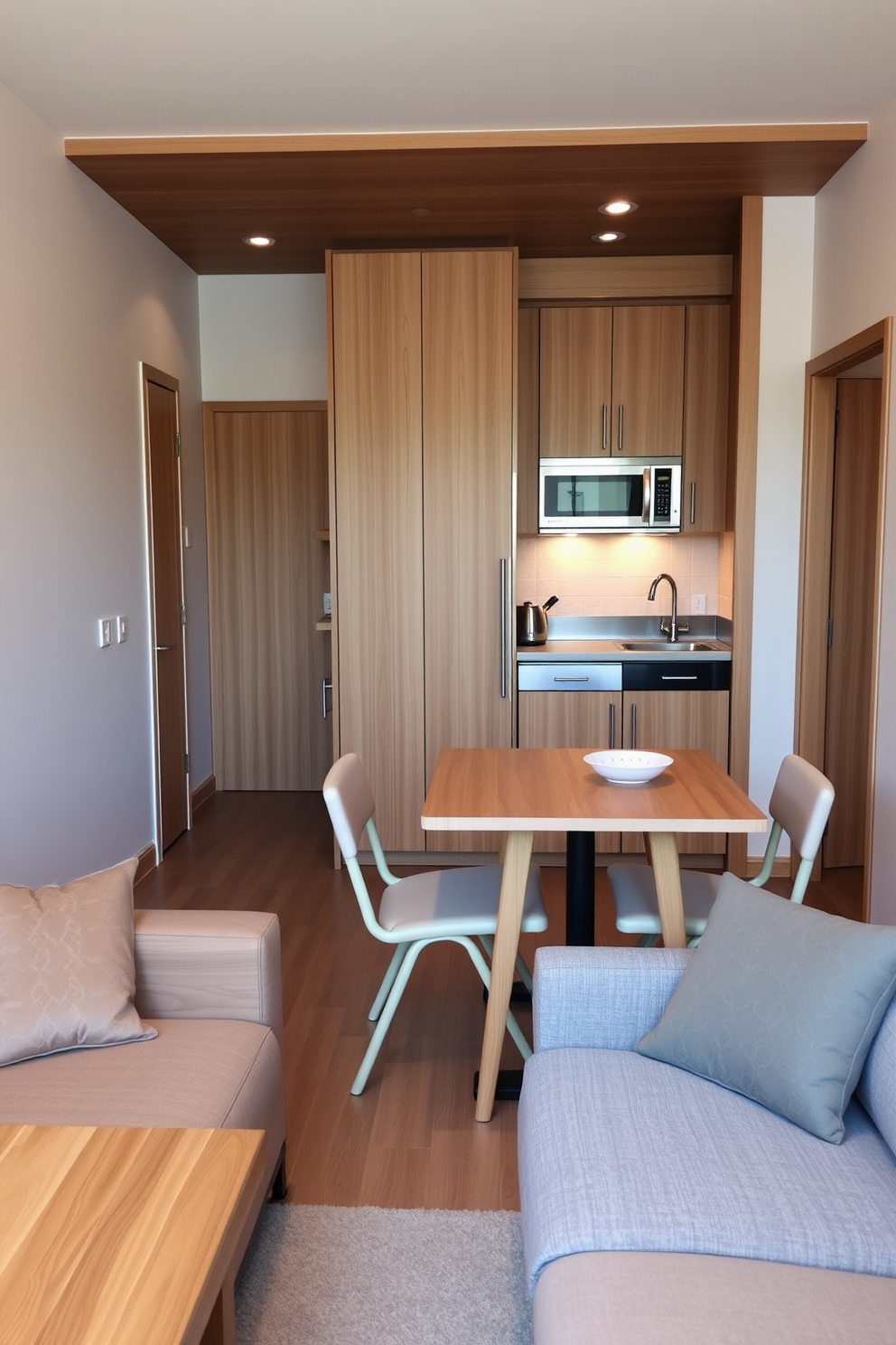 A cozy living room with foldable furniture that seamlessly transitions into a small kitchen area. The space features a compact dining table that can be expanded, along with chairs that easily stack away when not in use. The kitchen showcases sleek cabinetry with integrated appliances, maximizing functionality in a limited area. Soft lighting highlights the warm wood tones, creating an inviting atmosphere for both cooking and entertaining.