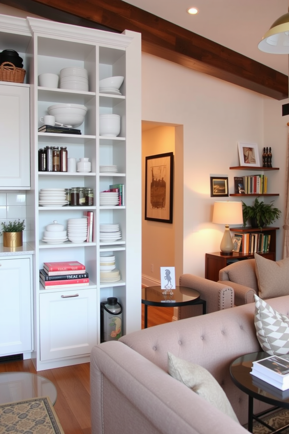 Maximize vertical storage with tall shelves in a small kitchen. The shelves are filled with neatly organized dishes, jars, and cookbooks, creating an inviting and functional space. In the living room, a cozy seating area features a plush sofa and a stylish coffee table. A combination of warm lighting and decorative accents enhances the room's charm and comfort.