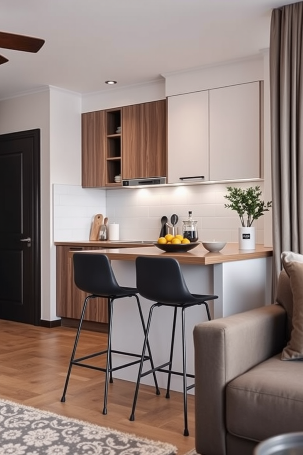 A cozy small kitchen living room design features a stylish breakfast bar with sleek stools positioned for casual dining. The kitchen area showcases modern cabinetry and a compact layout, seamlessly blending with the living space for an inviting atmosphere.