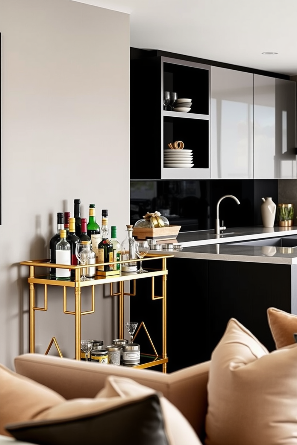 A stylish bar cart is positioned against the wall, featuring a mix of gold and glass elements that elevate the space. It is adorned with an array of colorful bottles and elegant glassware, adding a touch of sophistication to the small kitchen living room design. The kitchen area seamlessly integrates with the living room, showcasing a modern layout with open shelving and sleek cabinetry. A cozy seating arrangement with plush cushions complements the overall aesthetic, creating an inviting atmosphere for entertaining guests.