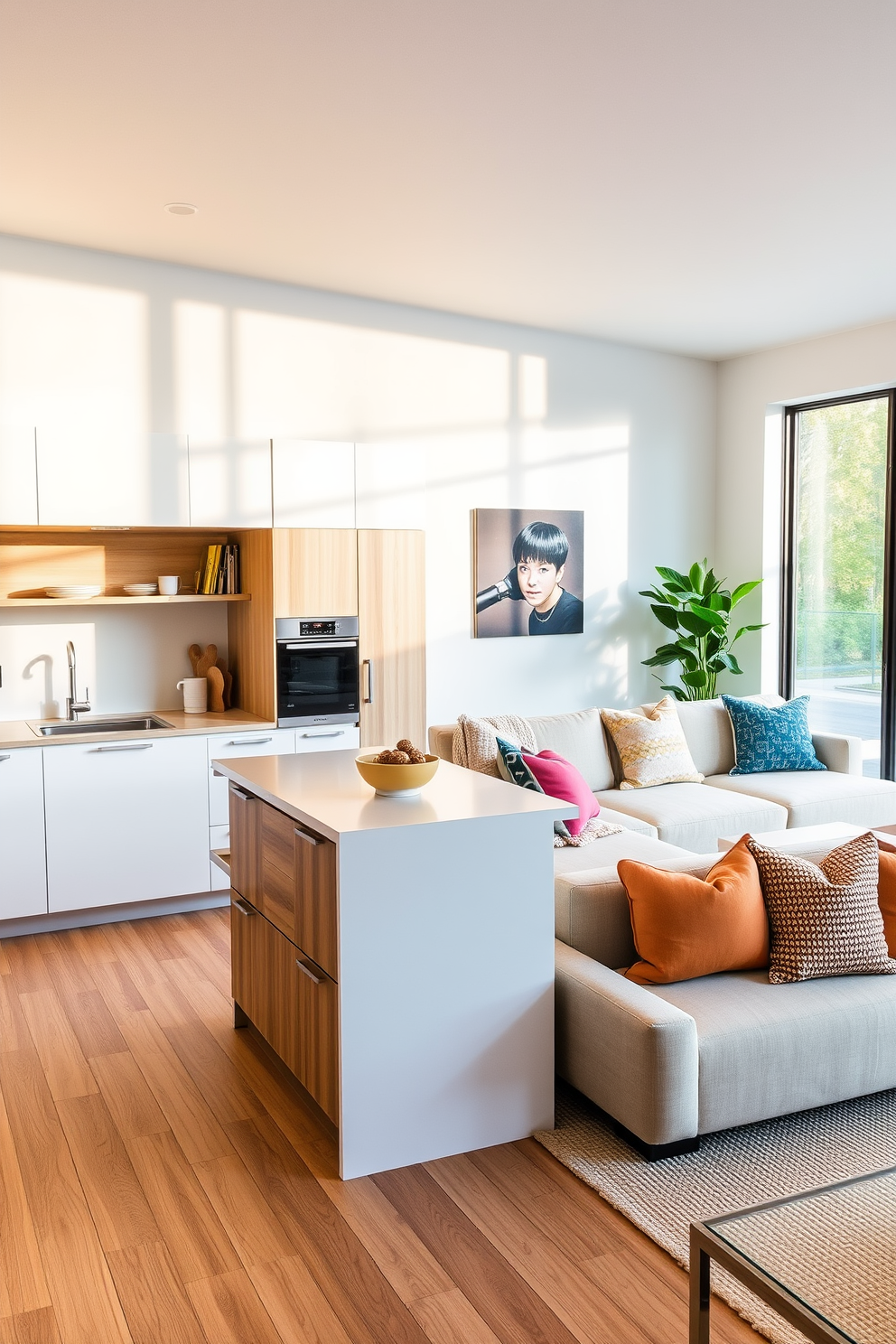 A small kitchen seamlessly integrates with the living room, featuring a sleek island that doubles as a breakfast bar. The cabinetry is a combination of white and natural wood, creating a warm and inviting atmosphere. In the living area, a cozy sectional sofa is positioned to encourage conversation, adorned with colorful throw pillows. Large windows allow natural light to flood the space, highlighting the minimalist decor and enhancing the open concept feel.