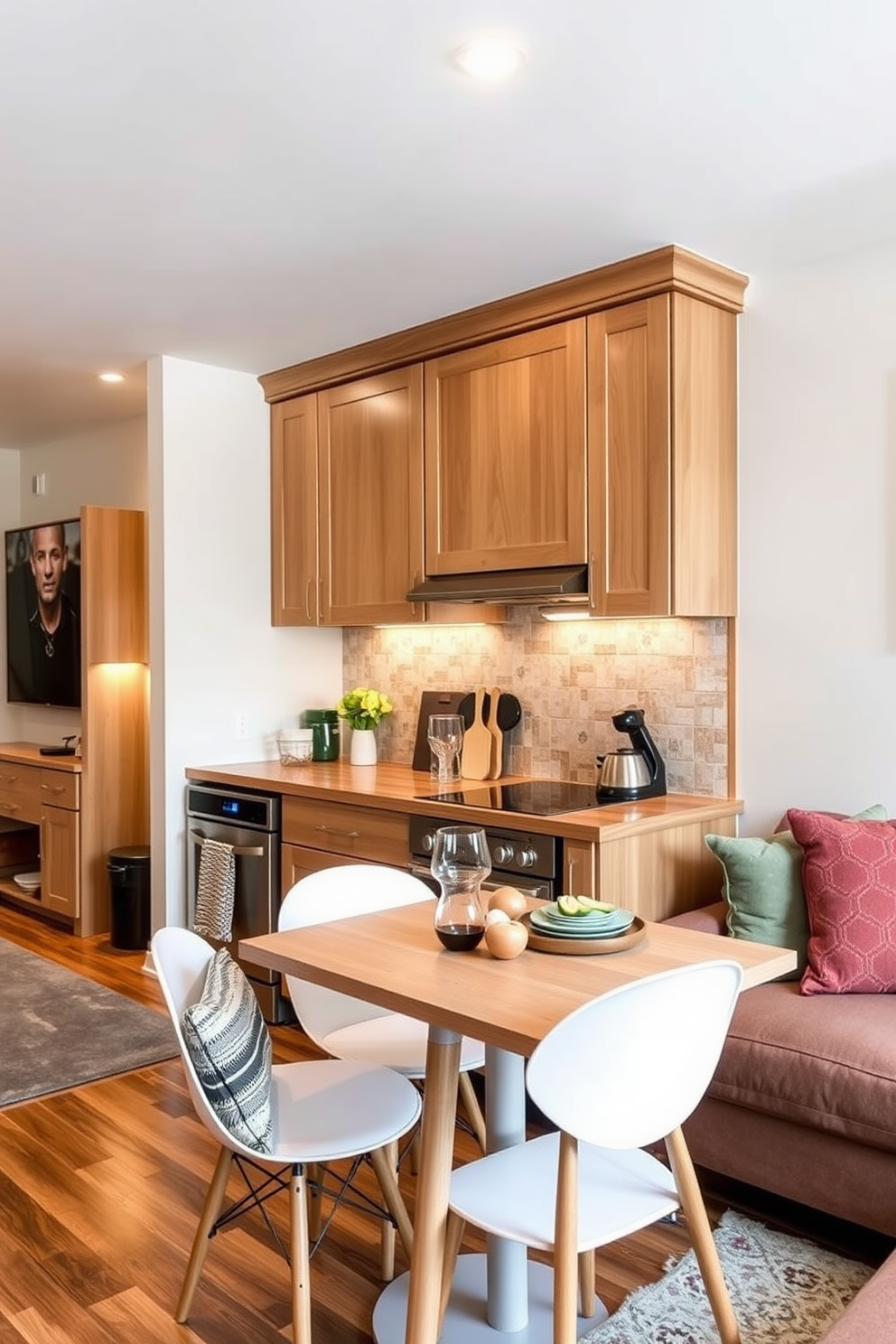 A cozy small kitchen living room design featuring decorative storage boxes that add both style and functionality. The space includes a compact dining table with stylish chairs and a vibrant rug that ties the room together.