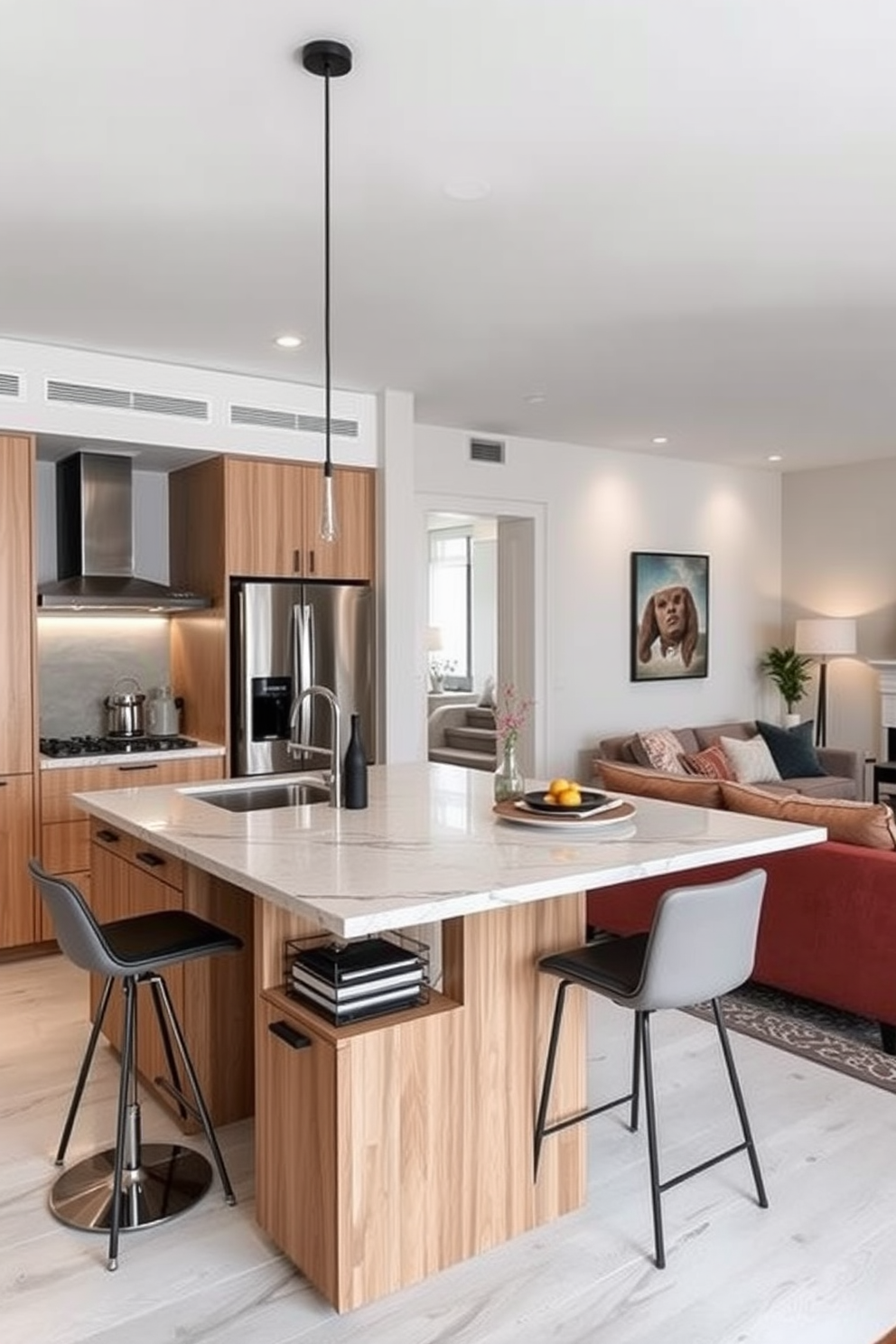 A cozy small kitchen living room design featuring light-colored cabinetry and countertops that create an airy atmosphere. The living area includes a comfortable sofa adorned with soft cushions, paired with a sleek coffee table that complements the overall light theme. Incorporate open shelving to display decorative items and plants, adding a touch of greenery to the space. Large windows allow natural light to flood in, enhancing the warmth and inviting feel of the room.