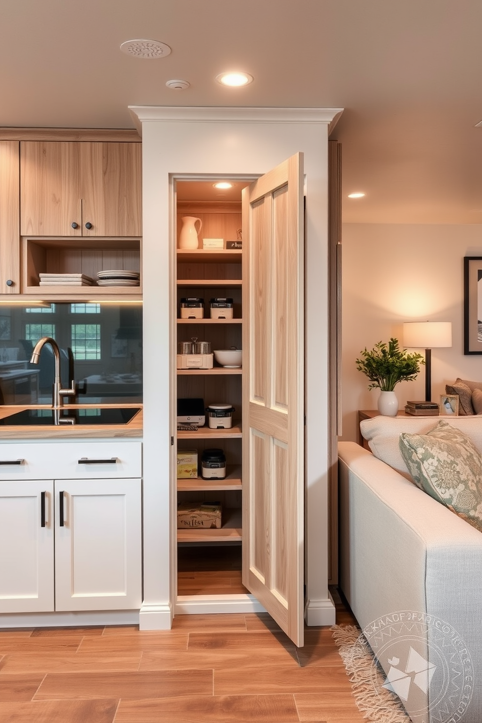 A cozy small kitchen seamlessly integrates with the living room, featuring a pull-out pantry for easy access to essentials. The design incorporates warm wood tones and soft lighting, creating an inviting atmosphere that enhances both functionality and style.