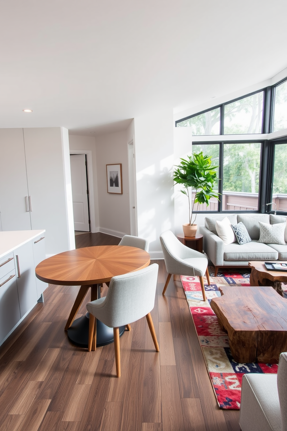 A modern dining area seamlessly integrated with a compact kitchen. The kitchen features sleek cabinetry in a soft gray finish and a white quartz countertop, while a round wooden dining table is surrounded by stylish upholstered chairs. The living room area showcases a cozy sectional sofa with decorative cushions and a coffee table made of reclaimed wood. Large windows allow natural light to flood the space, and a vibrant area rug ties the dining and living areas together.