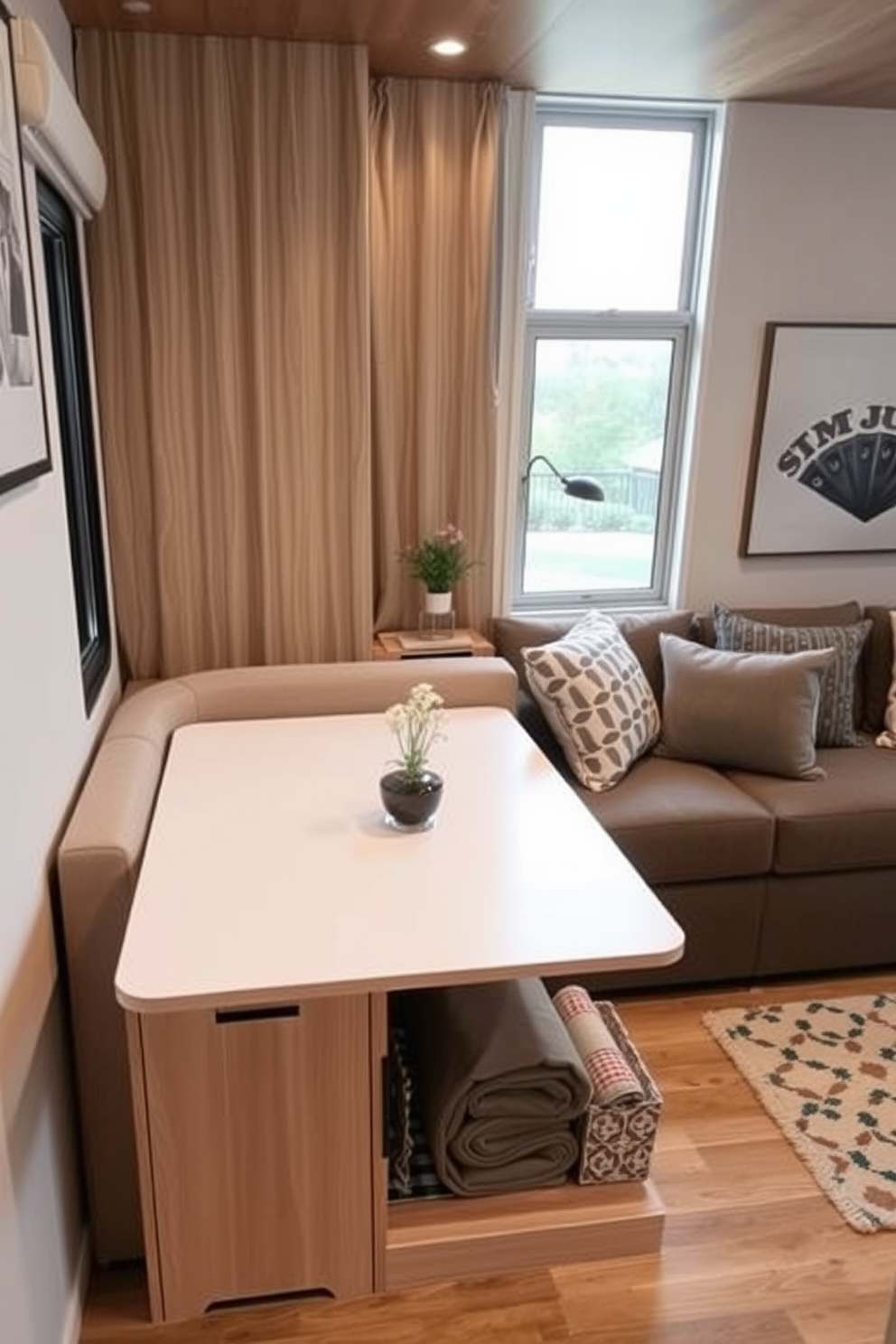 A cozy small kitchen living room design featuring a compact dining table with built-in storage underneath. The space is adorned with a stylish sofa that includes hidden compartments for blankets and cushions, maximizing functionality without sacrificing aesthetics.