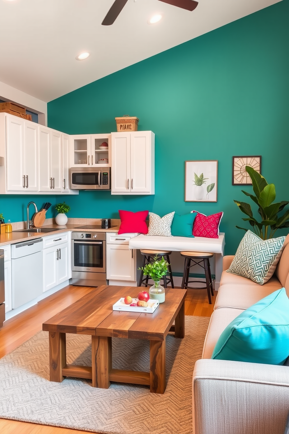 A vibrant accent wall in a small kitchen features a bold teal color that contrasts beautifully with white cabinetry. The kitchen seamlessly connects to the living room, creating an open and inviting space with a cozy seating area adorned with colorful throw pillows. In the living room, a stylish sofa is complemented by a chic coffee table made of reclaimed wood. The overall design incorporates warm lighting and decorative plants to enhance the welcoming atmosphere.