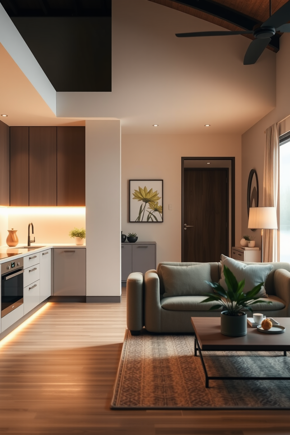 A small kitchen living room design that maximizes space features compact appliances seamlessly integrated into the layout. The area includes a sleek, multifunctional island that serves as both a cooking space and a dining area, surrounded by stylish bar stools.