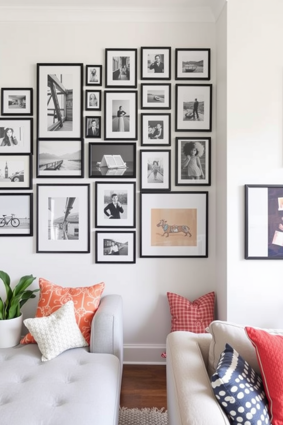 Create a gallery wall featuring a mix of framed photos in various sizes. The arrangement should include black and white images alongside colorful prints for a dynamic visual effect. Design a small kitchen that flows seamlessly into the living room. Incorporate space-saving furniture and bright colors to create an inviting and functional atmosphere.