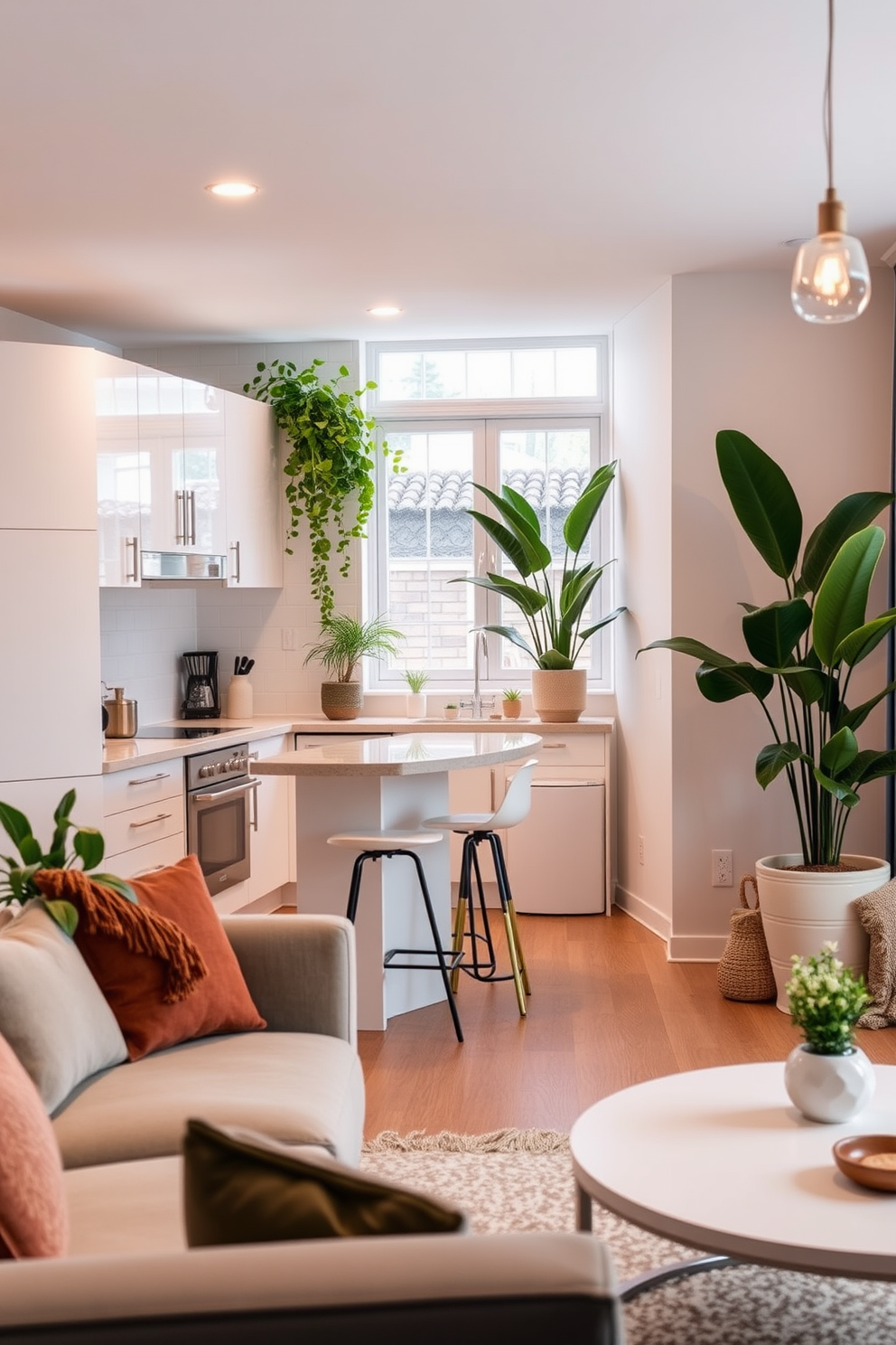 A cozy small kitchen living room design featuring an open layout. The kitchen has sleek white cabinets and a compact island with bar stools, while the living area includes a comfortable sofa and a coffee table. Lush green plants are placed on the windowsill and in decorative pots around the space for a touch of natural freshness. Soft lighting fixtures create a warm ambiance, enhancing the inviting atmosphere of the combined area.