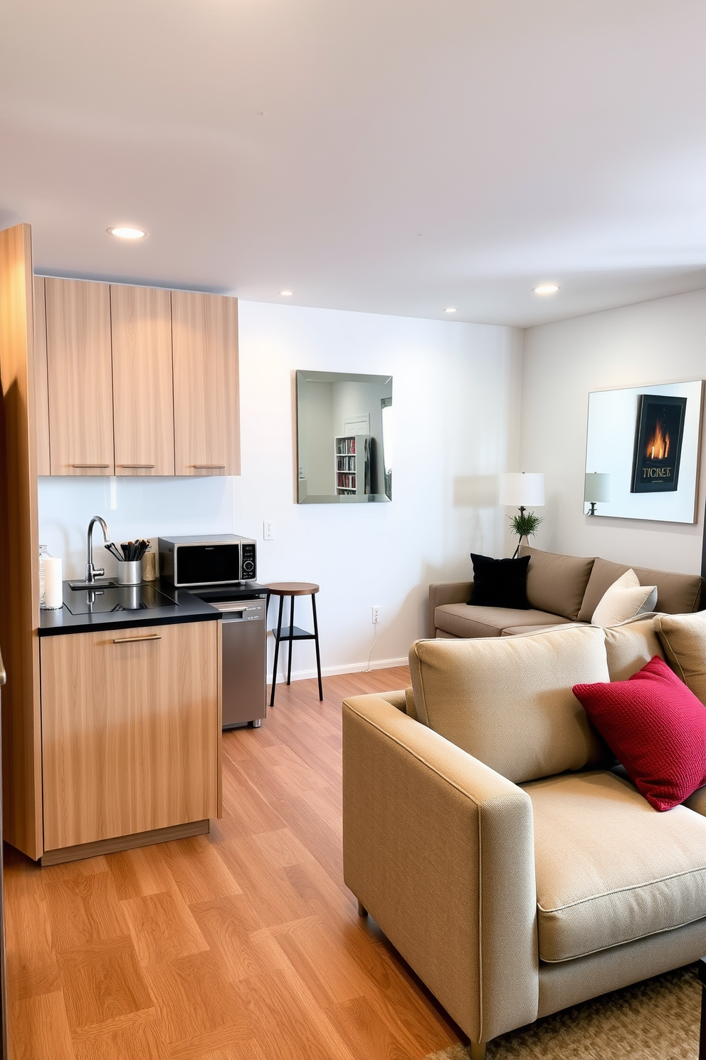 A cozy small kitchen seamlessly integrates with the living room. The design features light-colored cabinets and a compact island that doubles as a dining area. Large mirrors are strategically placed to reflect natural light and create an illusion of space. Soft pendant lighting hangs above the island, enhancing the warm ambiance of the area.