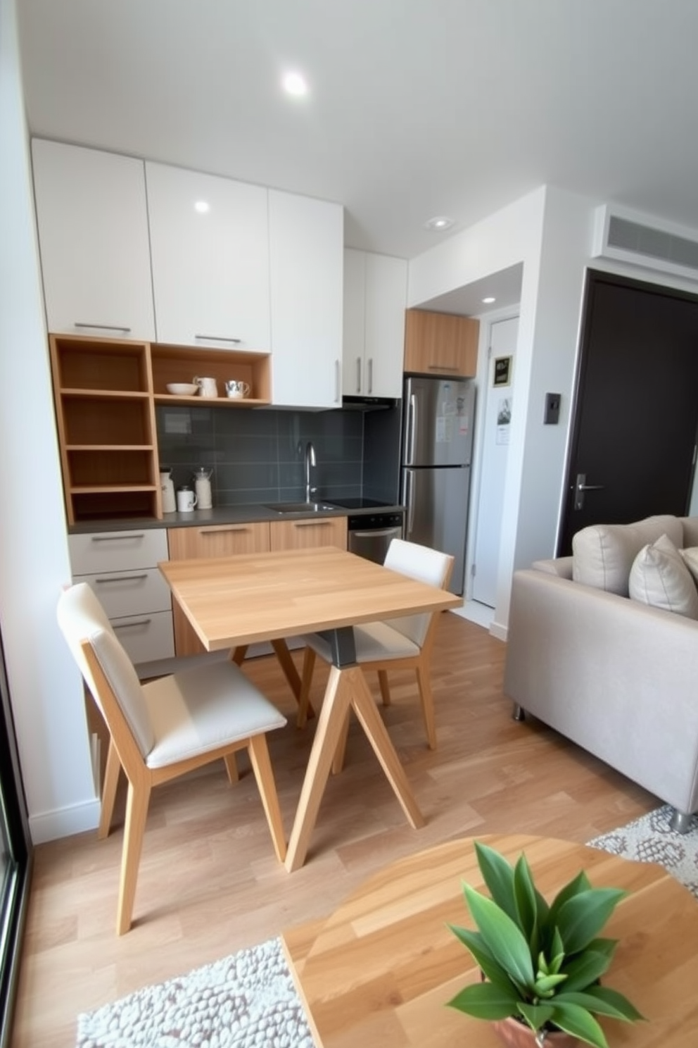 A compact dining table is positioned against the wall, featuring a sleek design with a light wood finish. Surrounding the table are four cushioned chairs in a soft fabric, creating an inviting space for meals. The small kitchen is designed with efficient storage solutions, including open shelving and modern cabinetry. A cozy living room area is adjacent, furnished with a plush sofa and a stylish coffee table that complements the dining setup.