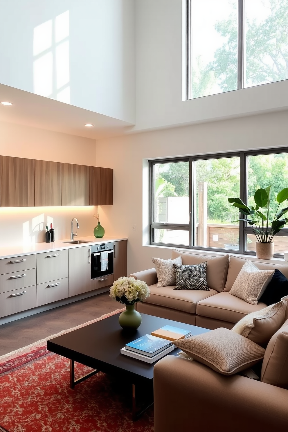 Floating cabinets create a sleek and modern aesthetic in a small kitchen. The design features minimalist lines and a light color palette, enhancing the sense of space. In the living room, consider a cozy layout with a sectional sofa and a statement coffee table. Large windows allow natural light to fill the room, complemented by soft, textured throw pillows and a stylish area rug.